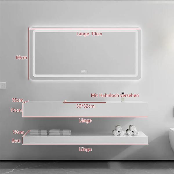 Waschbecken Set aus Keramik mit LED Lichtspiegel und Ablage weiß ohne Wasserhahnloch 120cm